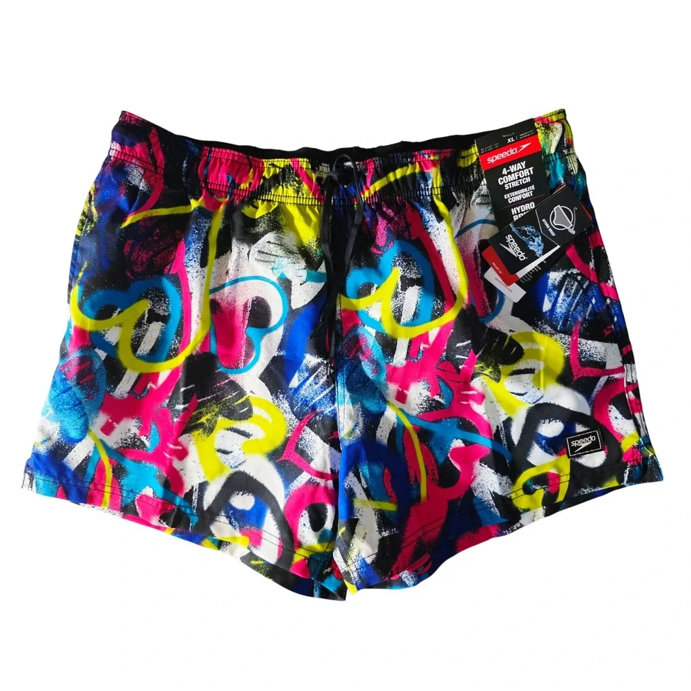 Speedo Mens‎ XL Volley Swim Trunks Purple Abstract Graffiti 4-Way Stretch NWT